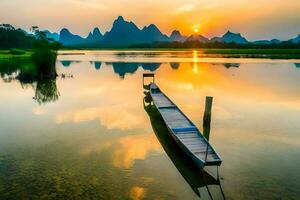 une bateau est assis sur le l'eau à le coucher du soleil avec montagnes dans le Contexte. généré par ai photo