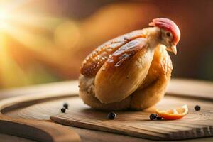 une poulet est séance sur une en bois Coupe planche. généré par ai photo