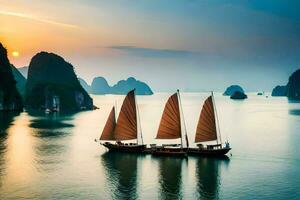 deux bateaux voile dans le océan à le coucher du soleil. généré par ai photo