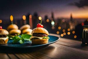 petit des hamburgers sur une assiette avec une paysage urbain dans le Contexte. généré par ai photo