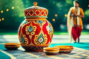 une coloré vase avec boules sur le sol. généré par ai photo