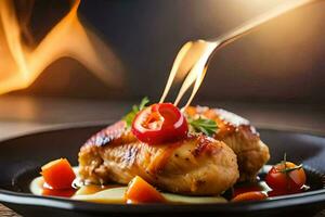 une assiette avec poulet et tomates sur il. généré par ai photo