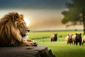 une Lion est séance sur une Roche dans de face de une troupeau de mouton. généré par ai photo