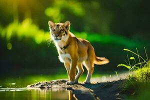 une Lion permanent sur le banque de une rivière. généré par ai photo