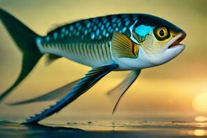 une poisson avec bleu et blanc rayures est en volant. généré par ai photo