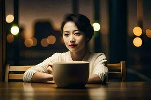 une femme séance à une table avec une tasse de café. généré par ai photo