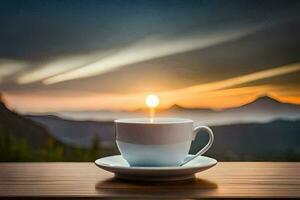 une tasse de café sur une table avec une vue de le le coucher du soleil. généré par ai photo