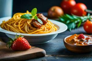 spaghetti avec Viande sauce et tomates sur une en bois tableau. généré par ai photo