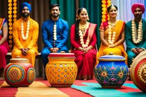 Indien mariage la cérémonie avec coloré marmites. généré par ai photo