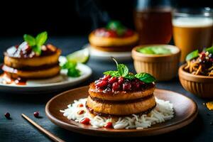 une assiette de nourriture avec riz et des légumes. généré par ai photo