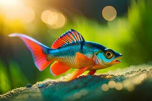 une coloré poisson est permanent sur le herbe. généré par ai photo