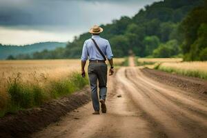 une homme dans une chapeau des promenades vers le bas une saleté route. généré par ai photo