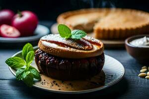 une dessert avec pommes et cannelle sur une plaque. généré par ai photo