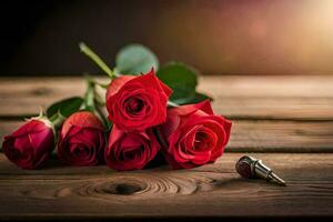 rouge des roses sur une en bois table avec une clé. généré par ai photo