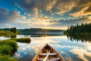 une canoë sur le Lac à le coucher du soleil. généré par ai photo
