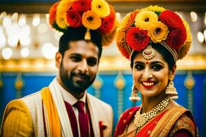 une magnifique Indien couple dans traditionnel tenue. généré par ai photo