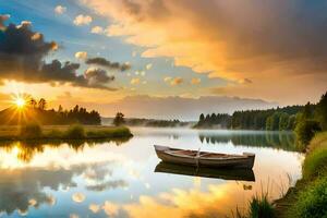 le bateau sur le Lac à le coucher du soleil. généré par ai photo