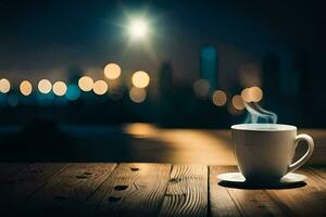 une tasse de café sur une en bois table dans de face de une paysage urbain. généré par ai photo