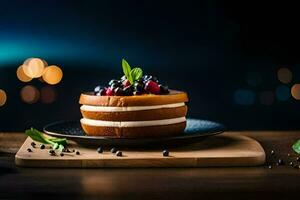 une gâteau avec baies et menthe sur une en bois tableau. généré par ai photo