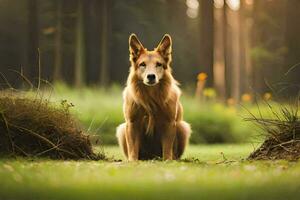 une chien séance dans le herbe dans le forêt. généré par ai photo