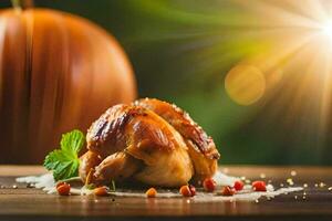 une poulet est séance sur une en bois table avec une citrouille dans le Contexte. généré par ai photo