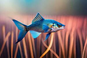 une bleu poisson est nager dans le herbe. généré par ai photo