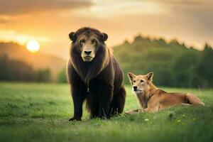 une Lion et une chien sont séance dans le herbe. généré par ai photo