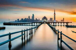 le Soleil monte plus de le ville horizon dans Dubai. généré par ai photo