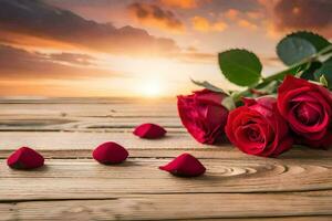 des roses sur une en bois table avec le coucher du soleil dans le Contexte. généré par ai photo