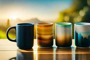 Trois café des tasses avec différent couleurs sur une tableau. généré par ai photo