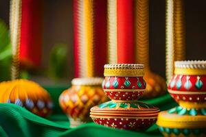 coloré diyas sur une vert chiffon. généré par ai photo