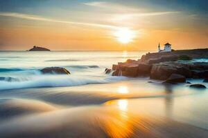 une phare est vu dans le distance à le coucher du soleil. généré par ai photo