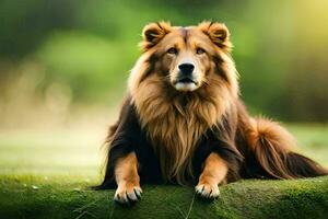 une grand chien séance sur le herbe. généré par ai photo