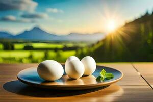 des œufs sur une assiette dans le Soleil. généré par ai photo