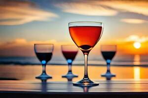 du vin des lunettes sur une table avec le coucher du soleil dans le Contexte. généré par ai photo