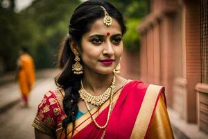 une magnifique Indien femme dans une rouge sari. généré par ai photo