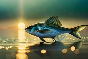 poisson dans le l'eau à le coucher du soleil. généré par ai photo