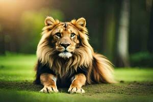 une Lion séance sur le herbe dans le forêt. généré par ai photo