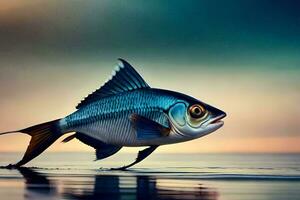 une poisson est en marchant sur le l'eau. généré par ai photo