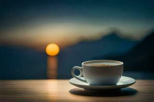 une tasse de café sur une table dans de face de le le coucher du soleil. généré par ai photo