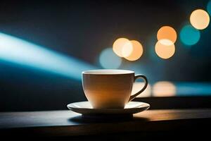 une tasse de café sur une table dans de face de une flou Contexte. généré par ai photo