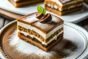 une pièce de gâteau sur une assiette avec en poudre sucre. généré par ai photo