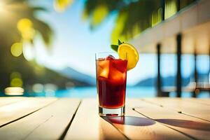 une verre de rouge boisson sur une en bois tableau. généré par ai photo