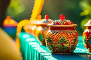 coloré des pots sur une table avec une vert Contexte. généré par ai photo