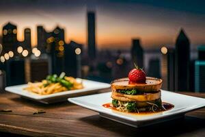 une assiette de nourriture avec une vue de le ville. généré par ai photo