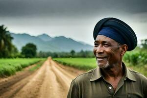 une homme dans une turban permanent sur une saleté route. généré par ai photo