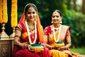 deux femmes dans traditionnel Indien tenue asseoir sur une banc. généré par ai photo