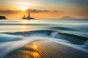 une phare dans le océan à le coucher du soleil. généré par ai photo