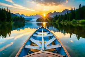 une bateau est sur le l'eau à le coucher du soleil. généré par ai photo