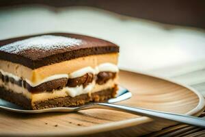 une pièce de Chocolat gâteau sur une assiette avec une fourchette. généré par ai photo